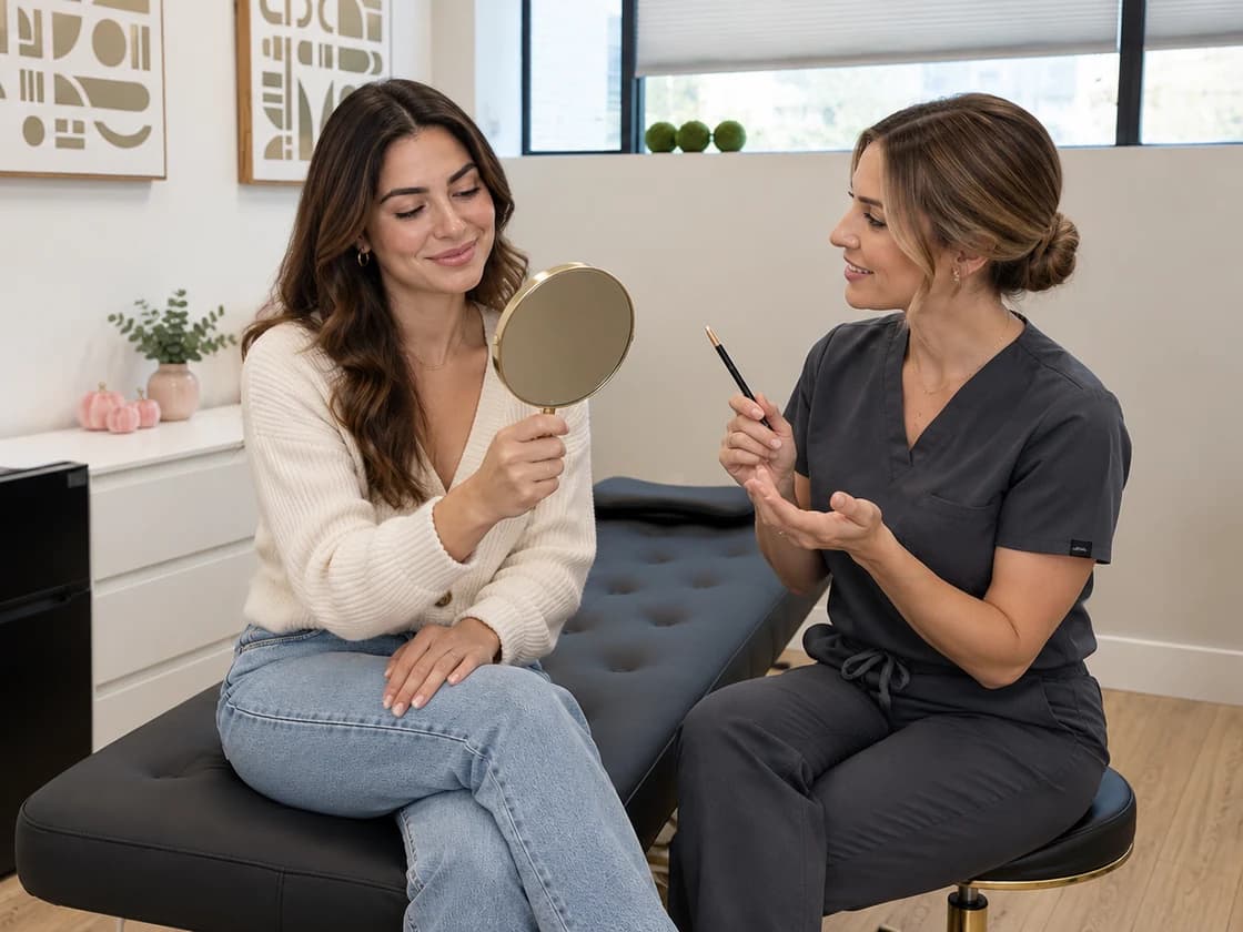 Illustrative brow design consultation in a One True Med Spa inspired treatment room.