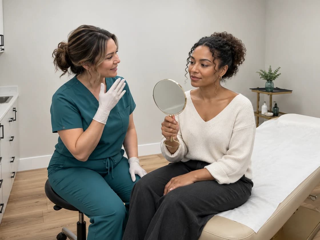 Illustrative skin tone consultation in a One True Med Spa inspired room.