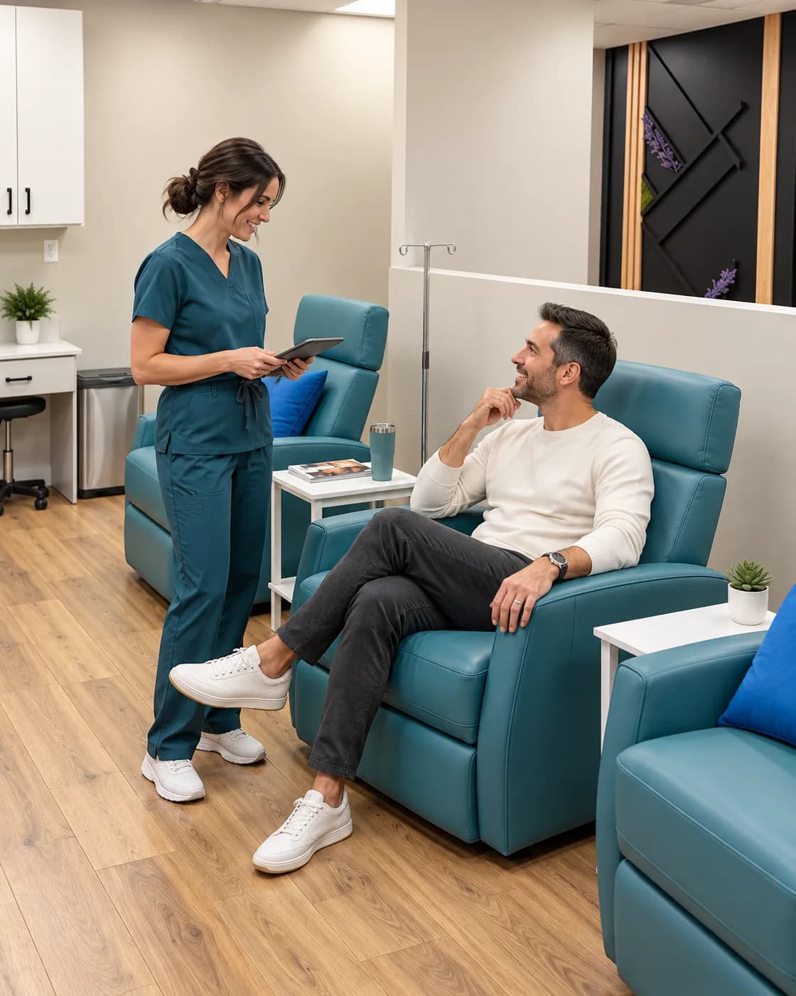 Fictional wellness conversation in the teal-chair lounge.