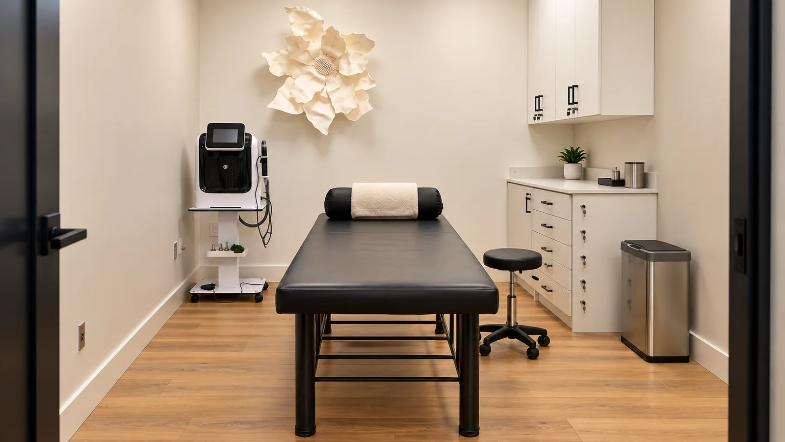 Prepared treatment room inspired by the supplied premises.