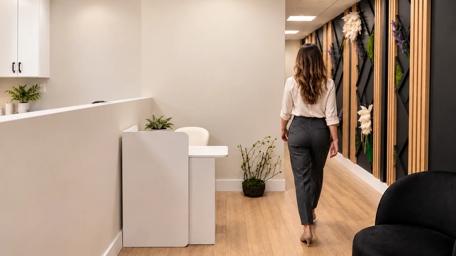 Fictional client walking through the familiar oak-floor corridor.