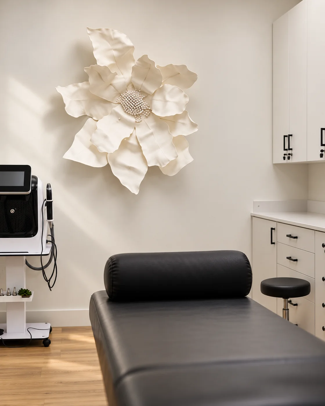 Sculptural white flower and treatment-room details inspired by the premises.