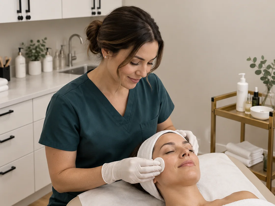 Fictional facial cleansing preparation on the beige treatment bed.