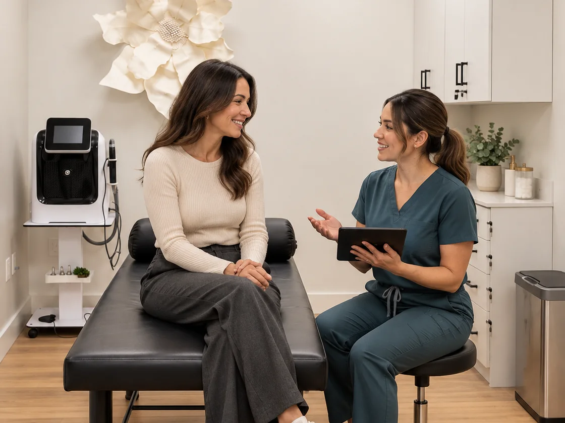 Fictional fully clothed client discussing a private treatment plan.