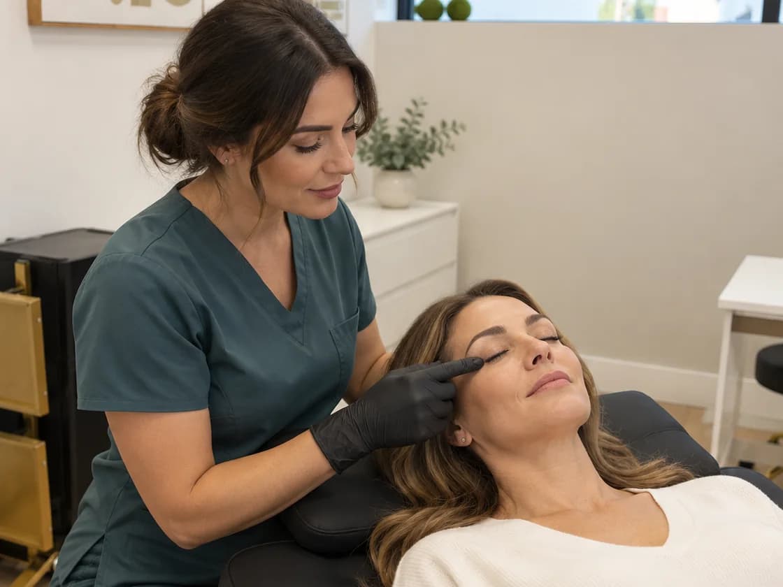 Fictional specialist assessing a client's natural lash line.