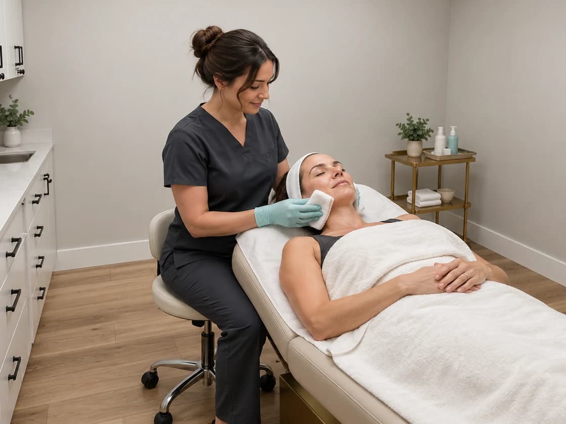 Illustrative facial consultation with the neutral finishes and warm wood of One True Med Spa.