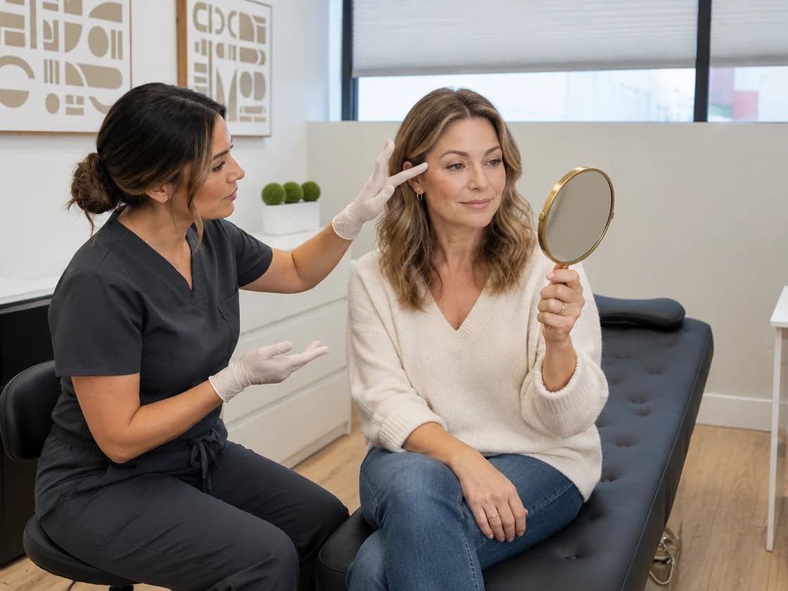 Illustrative lash line consultation in a One True Med Spa inspired room.
