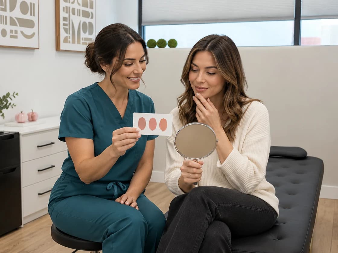 Illustrative lip color consultation in a One True Med Spa inspired treatment room.
