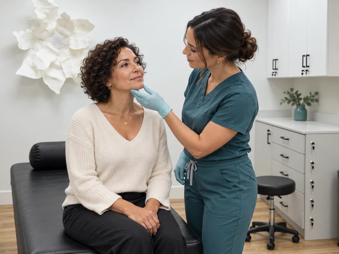 Illustrative skin consultation in a room inspired by One True Med Spa.